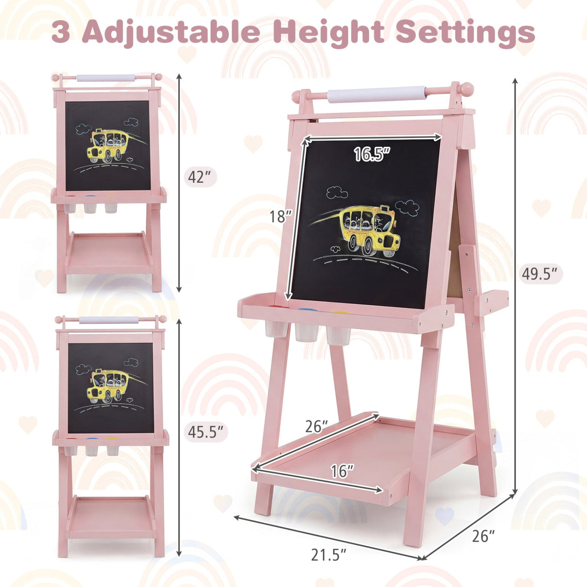 Double-sided kids art easel with chalkboard and whiteboard, featuring colorful art supplies and a sturdy wooden frame.