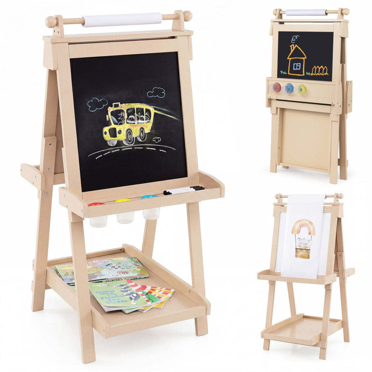 Double-sided kids art easel with chalkboard and whiteboard surfaces, ideal for drawing and learning activities.