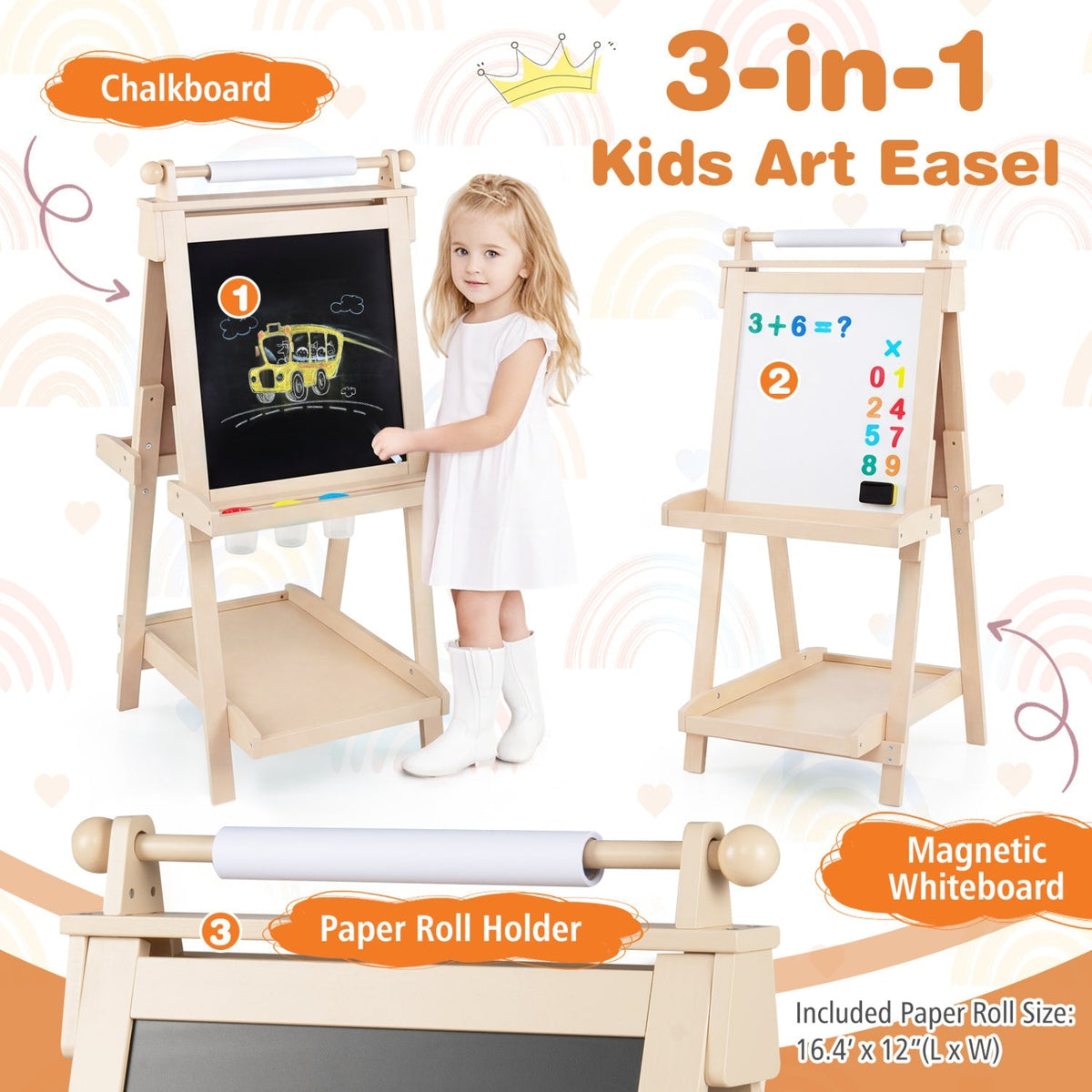 Double-sided kids art easel with chalkboard and whiteboard surface, suitable for creative drawing and writing activities.