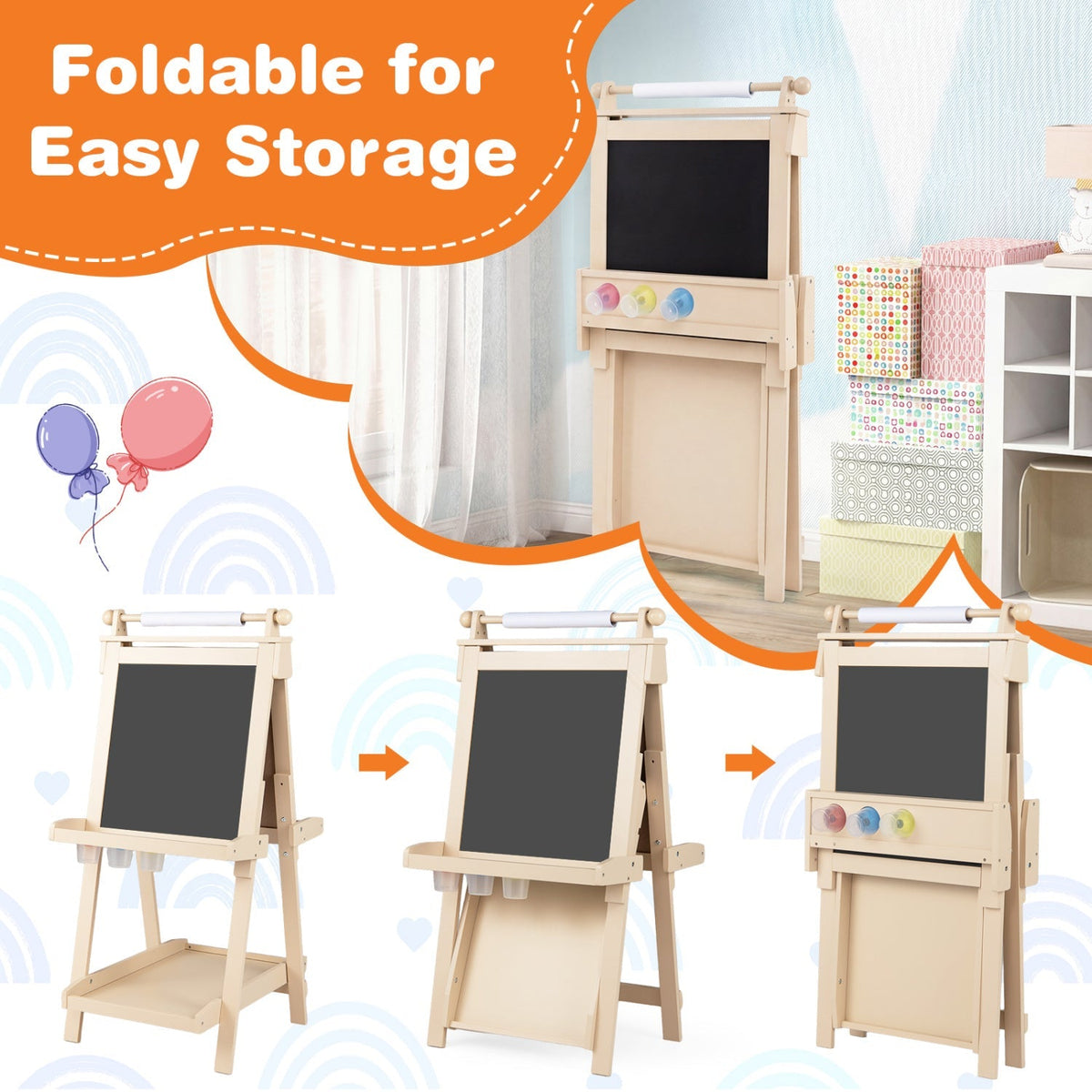 Double-sided kids art easel with chalkboard and whiteboard surface, suitable for drawing and learning activities.