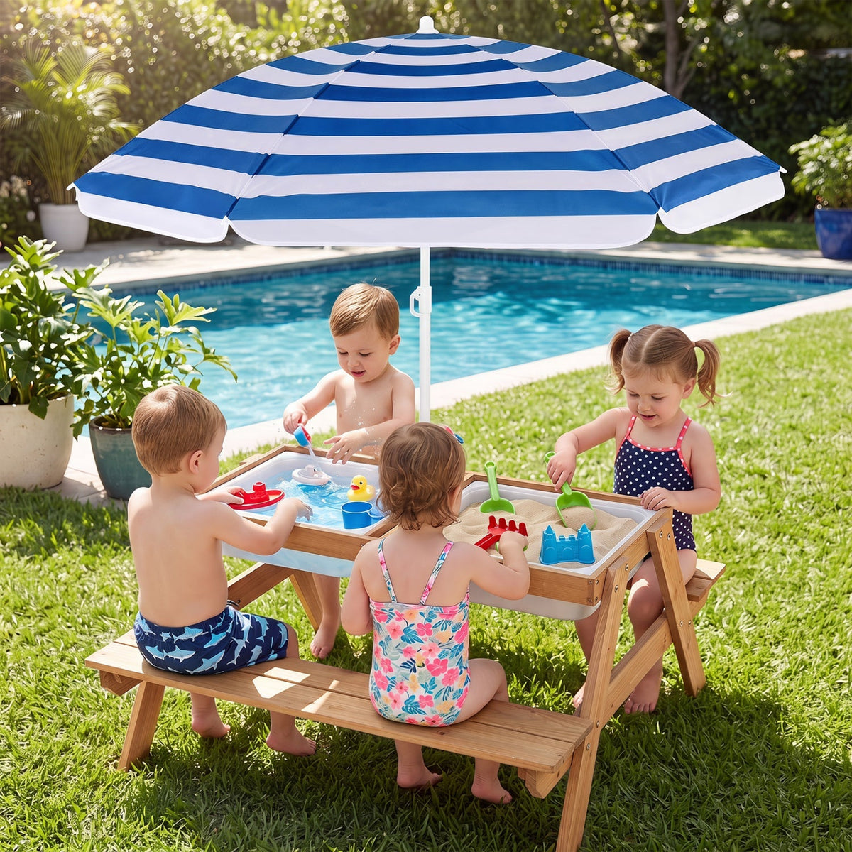Kids outdoor picnic water sand table with umbrella from GBruno Store, featuring a colorful kids table and chair set for outdoor play.