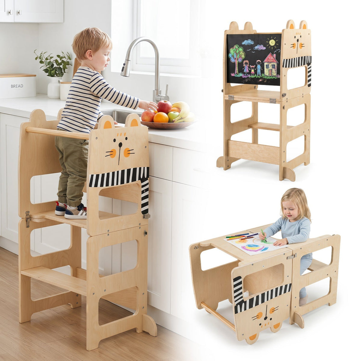 Wooden 3-in-1 kids step stool with chalkboard surface, sturdy design, suitable for children’s activities and learning.