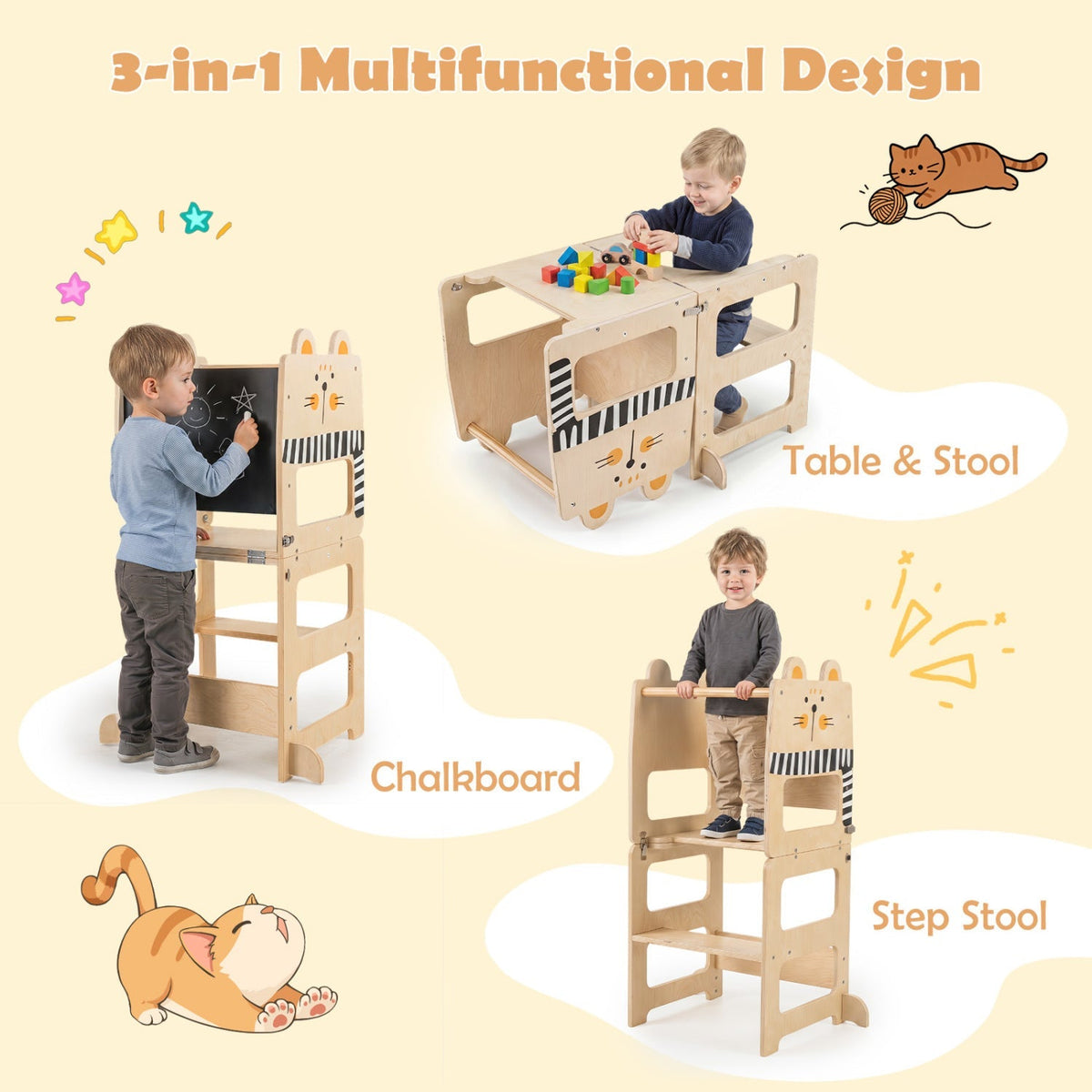 Wooden kids step stool with chalkboard surface, featuring a 3-in-1 design for children’s height assistance and drawing activities.