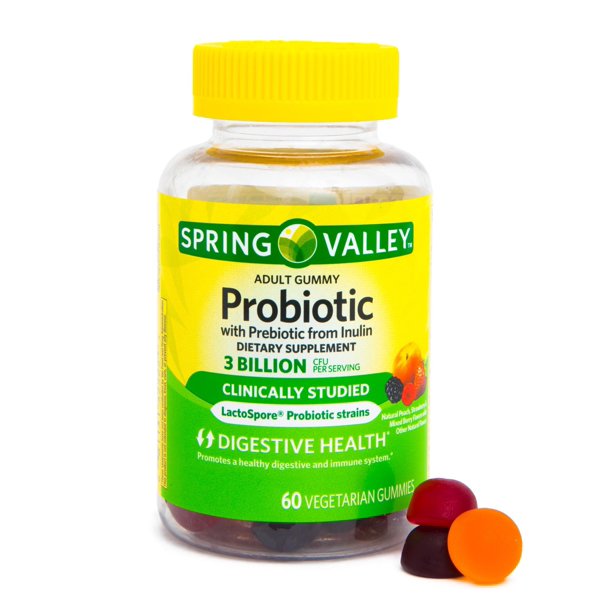 Backed by Spring Health, Spring Valley Adult Probiotic + Prebiotic Gummies in a bottle with 60 gummies and a vitamin guide.
