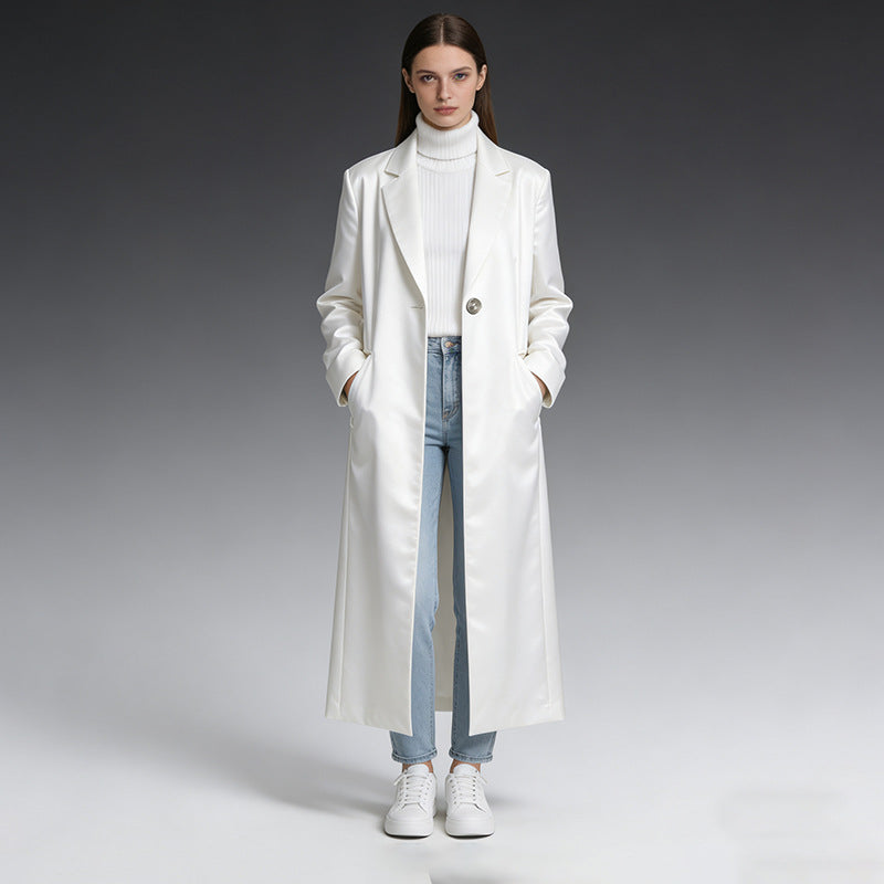 Women's commuter-style blazer trench coat with tailored lapels and structured silhouette