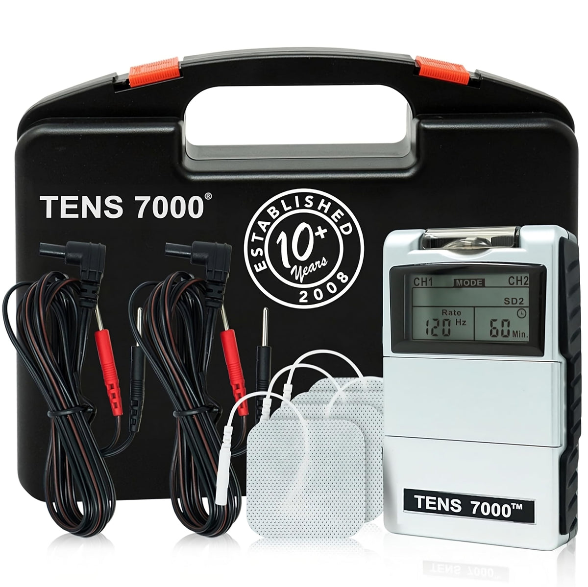 Digital TENS 7000 pain relief system from BACKUPMYFILESNOW® with control unit and electrode pads for muscle therapy.