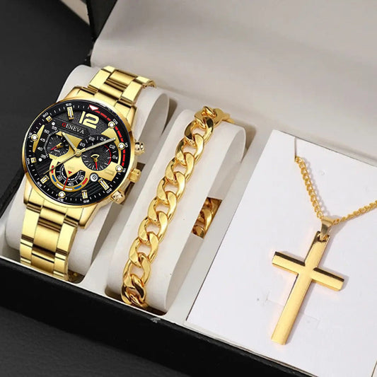 Men's business fashion three-eye steel watch with single calendar and cross bracelet, suit style