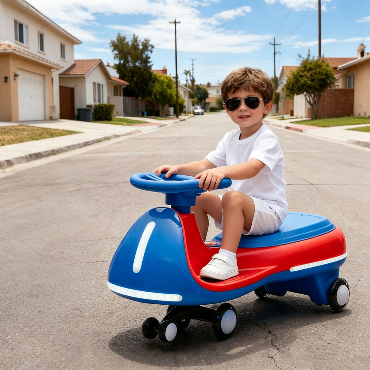 12V electric ride-on toy car by GBruno Store with dual motors, LED lights, and realistic design for kids.