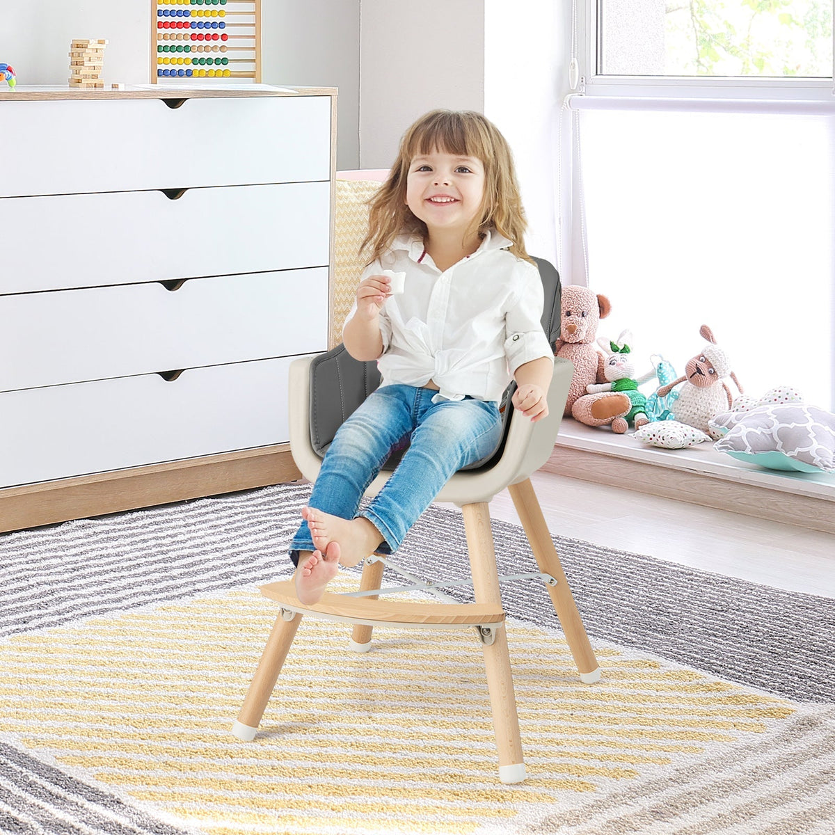 Wooden outdoor kids play kitchen set with removable sink, featuring a convertible high chair with cushion for imaginative play