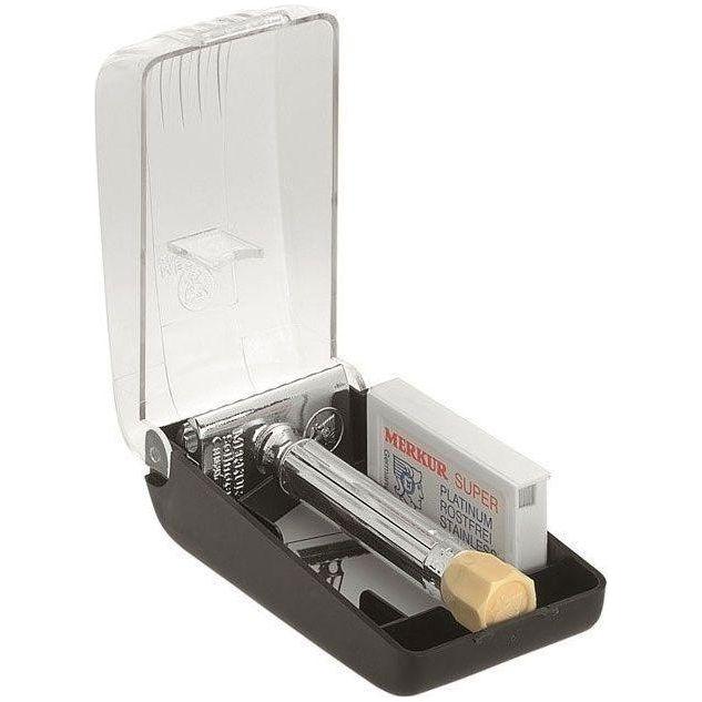 Merkur Progress adjustable safety razor with 10 blades, featuring a sleek handle and classic metal design for a close shave.