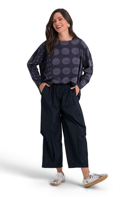 Midnight Pima Cotton Circles luxury boxy T-shirt by PLANET by Lauren G, featuring a relaxed fit and circular pattern design.