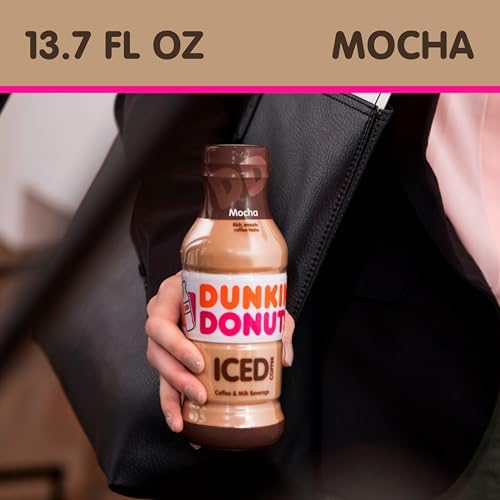 Dunkin' Iced Coffee Mocha in 13.7 oz bottles, pack of 12 showing the mocha-flavored iced coffee bottles with branding.