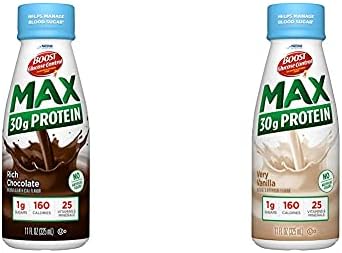 BOOST Glucose Control Max protein nutritional drinks in rich chocolate and vanilla flavors, 12-pack, with 30g protein each.