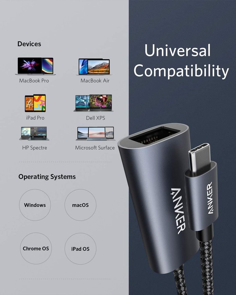 Anker PowerExpand USB-C to Gigabit Ethernet Adapter connected to a laptop for reliable wired internet connection.