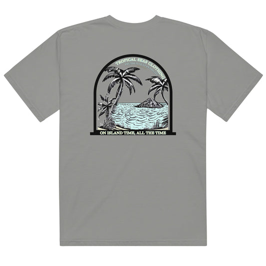 Men’s Island Time Heavyweight T-shirt by BACKUPMYFILESNOW.COM® featuring a casual fit and island-themed graphic design.