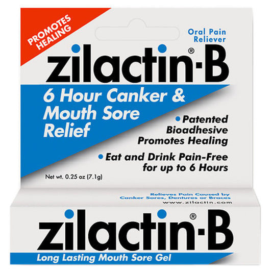 Zilactin-B oral pain relief gel in a 7g tube, used for sore throats and mouth discomfort, by Pasteur Pharmacy.