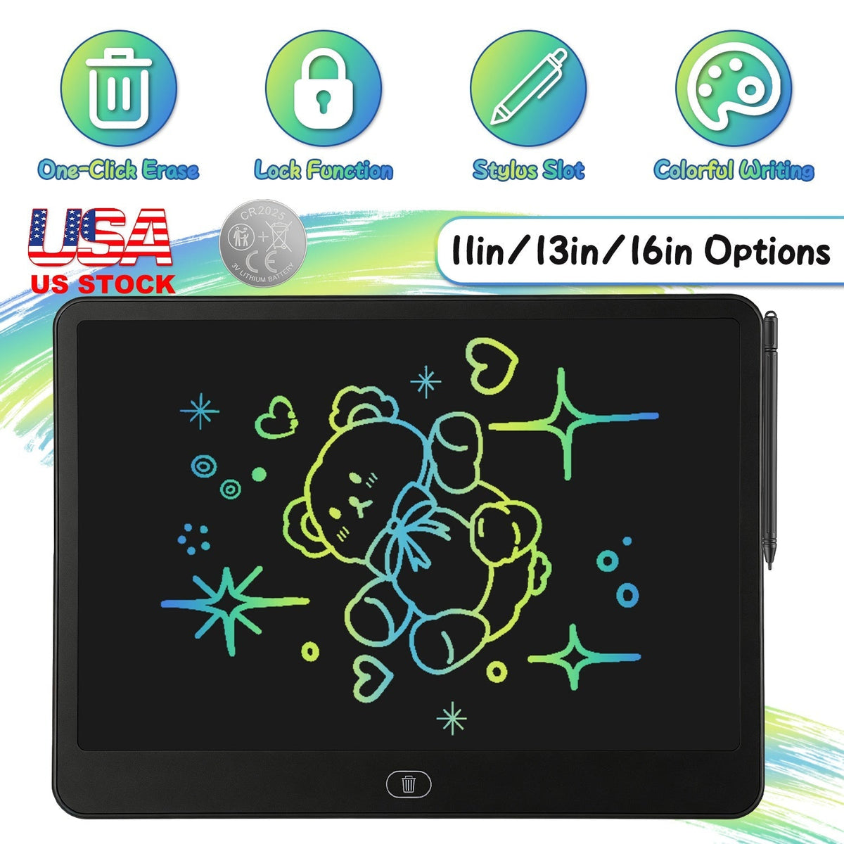 GBruno Store LCD writing tablet for kids with stylus and lock function, showing the tablet's screen and stylus on the device