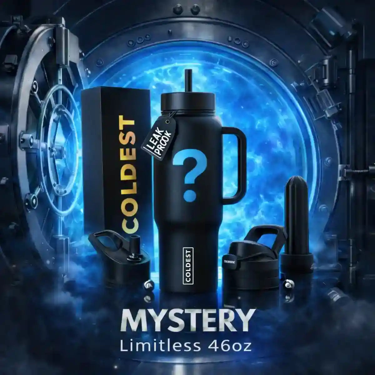 Coldest Mystery Limitless 46oz tumbler showcasing a large, durable insulated drink container with a sleek design and secure lid.