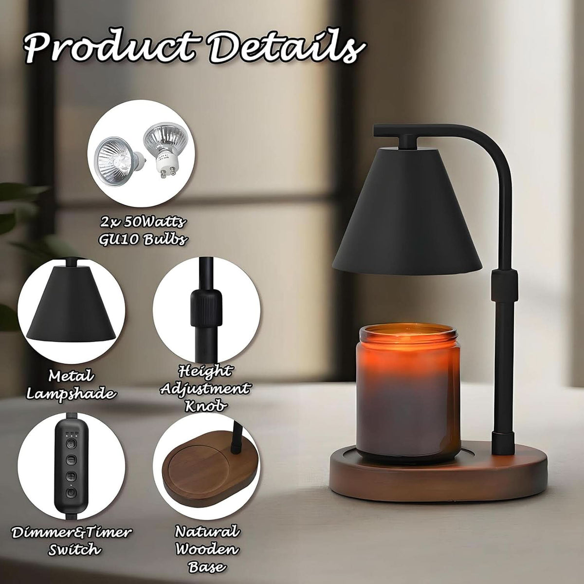 Black Candle Warmer Lamp Height Adjustable Two Bulbs