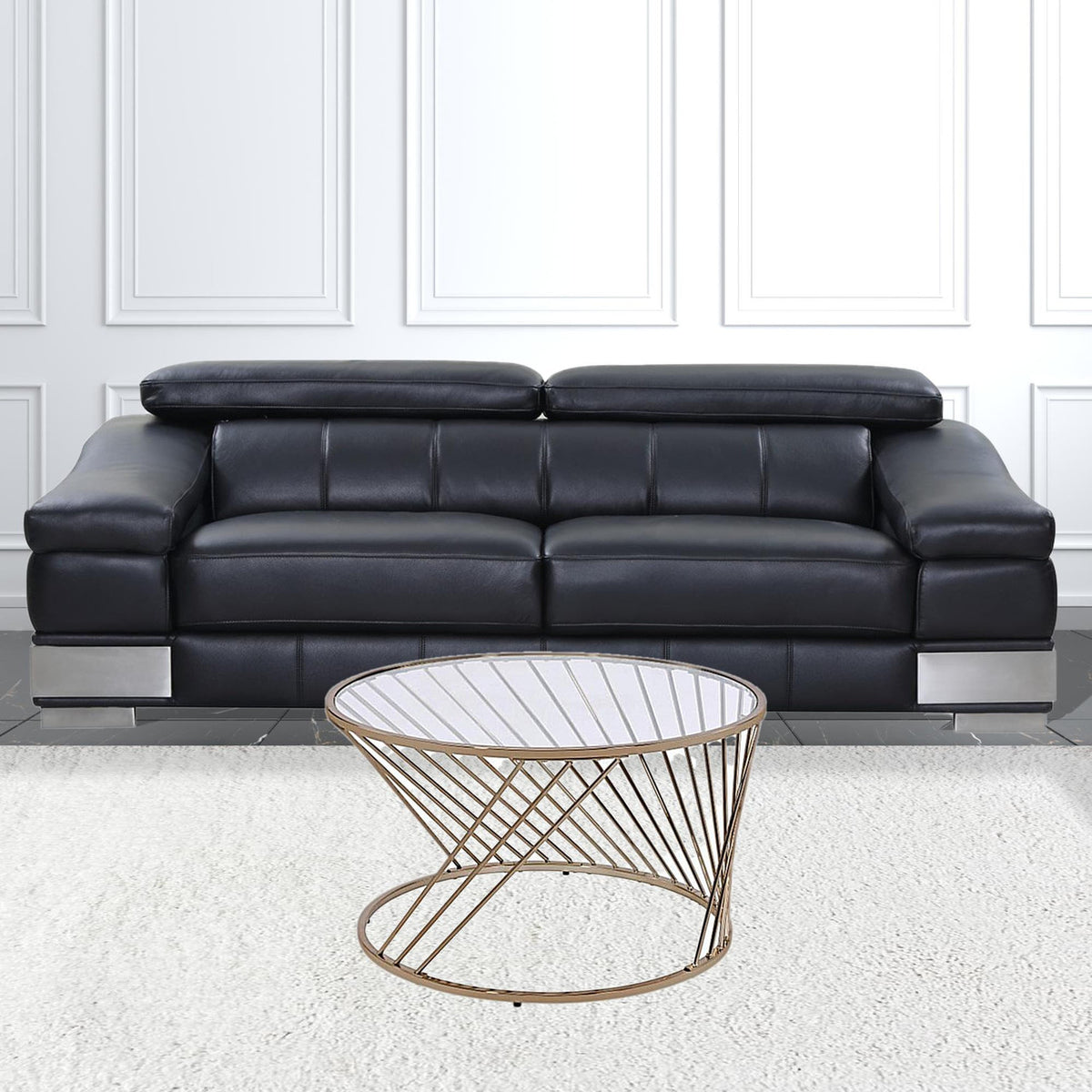 32-inch round coffee table with champagne and clear glass top and metal frame, modern design by BACKUPMYFILESNOW®.
