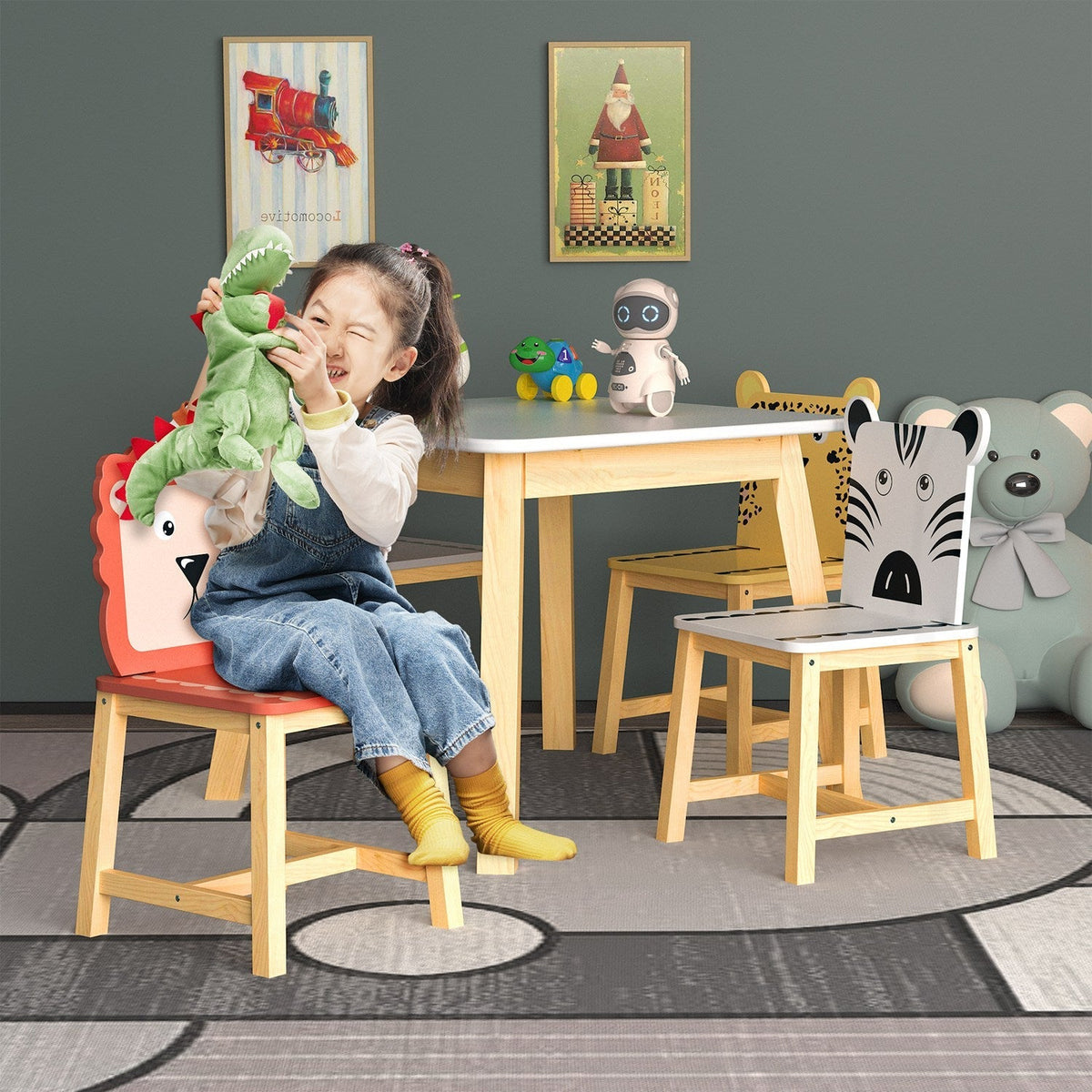 Kids furniture set with five animal design tables and chairs, featuring colorful, playful children's table and chair set by GBruno Store.