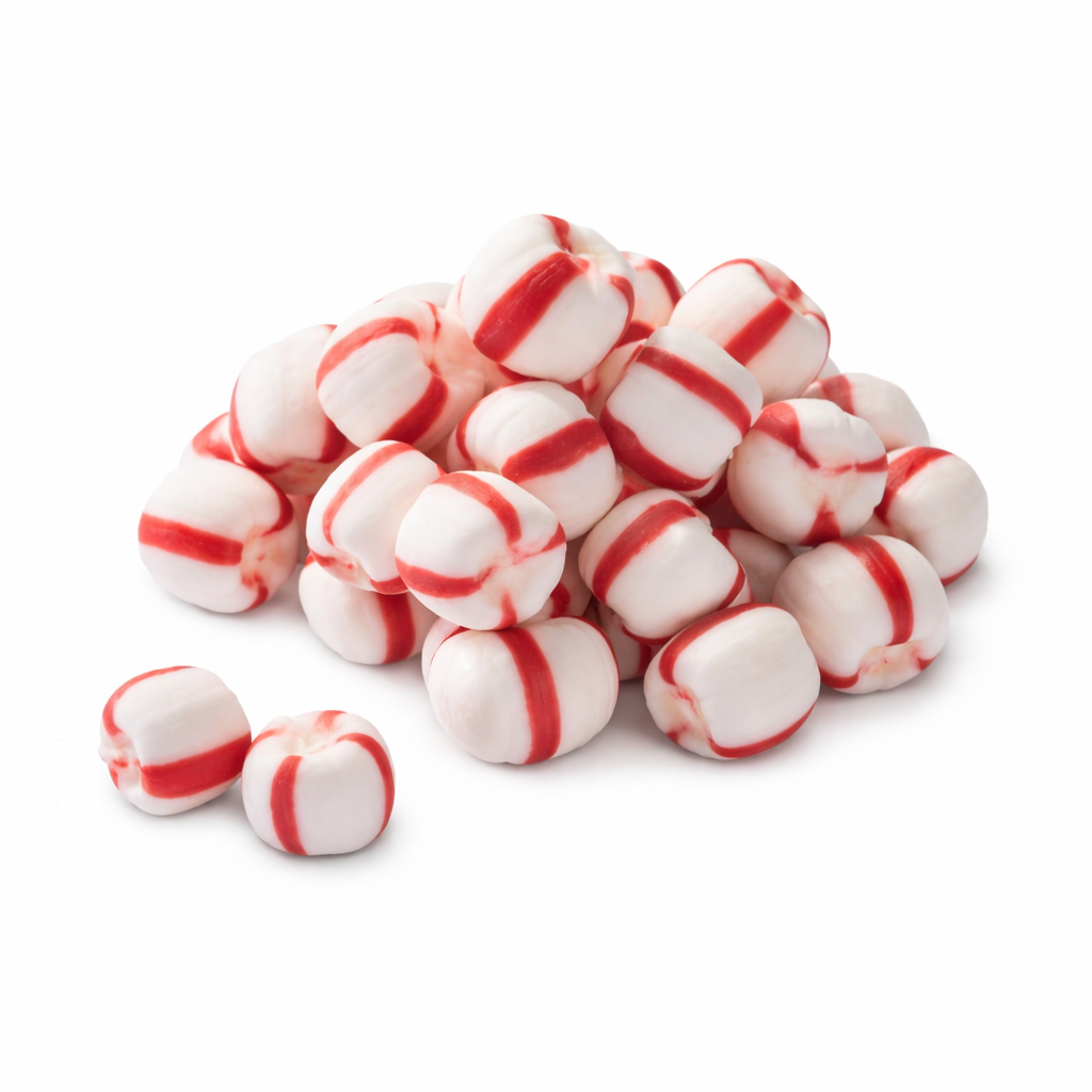Candy In Bulk peppermint twist hard candies in individually wrapped bulk bag, bright red and white striped sweet treats.