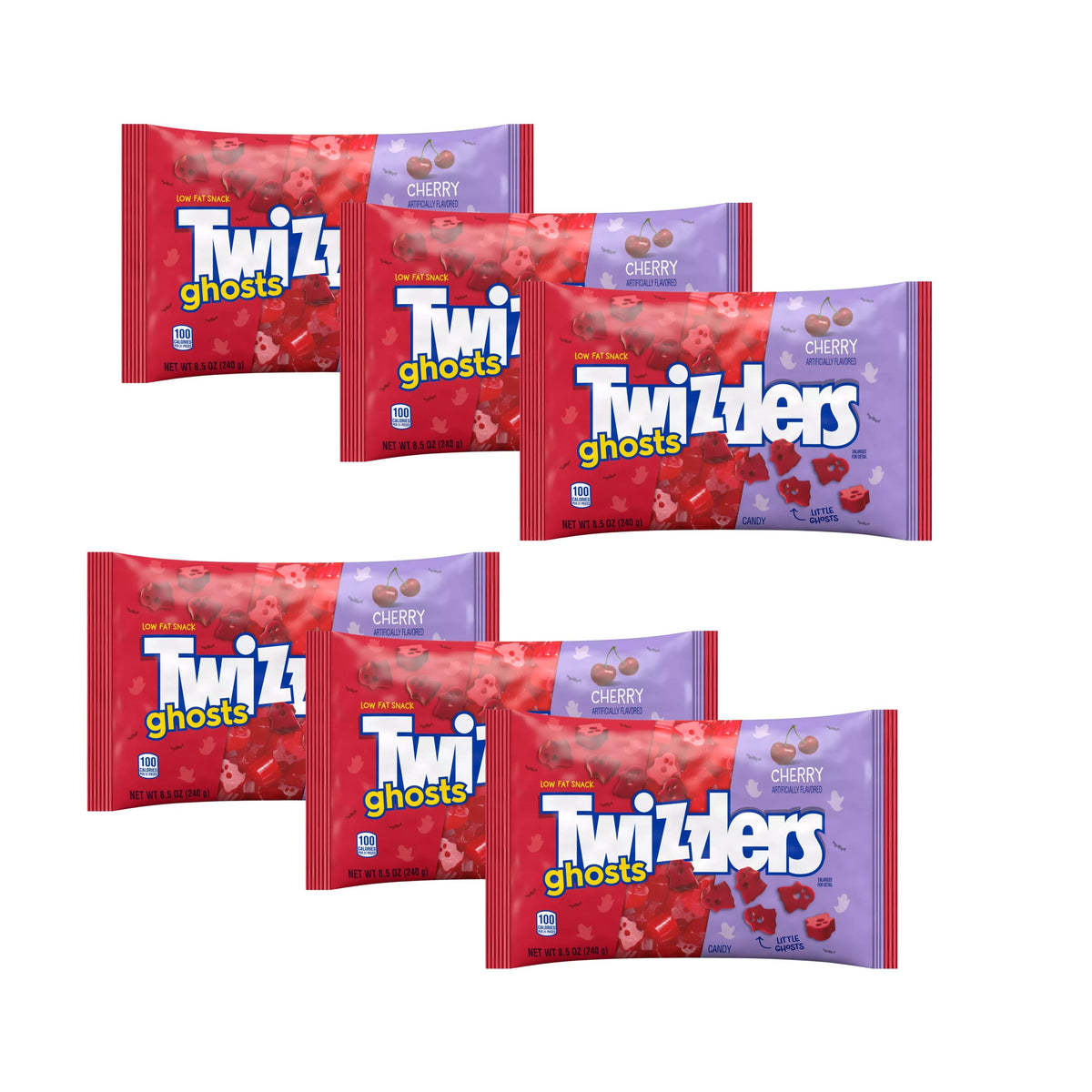 Cherry flavored Twizzlers Ghosts chewy candy in an 8.5 oz bag, featuring colorful ghost-shaped Twizzlers lollipops.