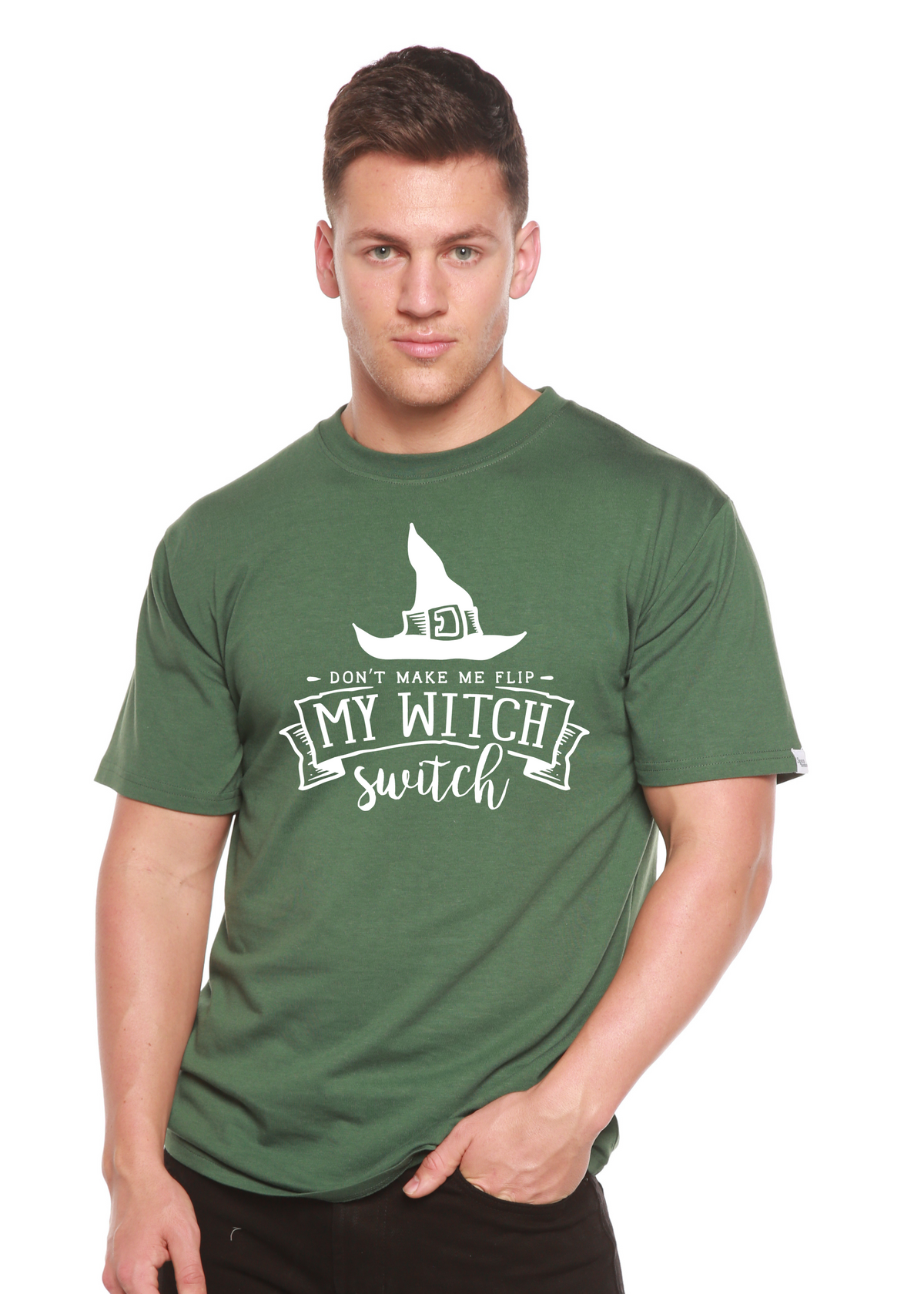 Unisex bamboo viscose and organic cotton short sleeve graphic T-shirt by Spun Bamboo with witch-themed design.