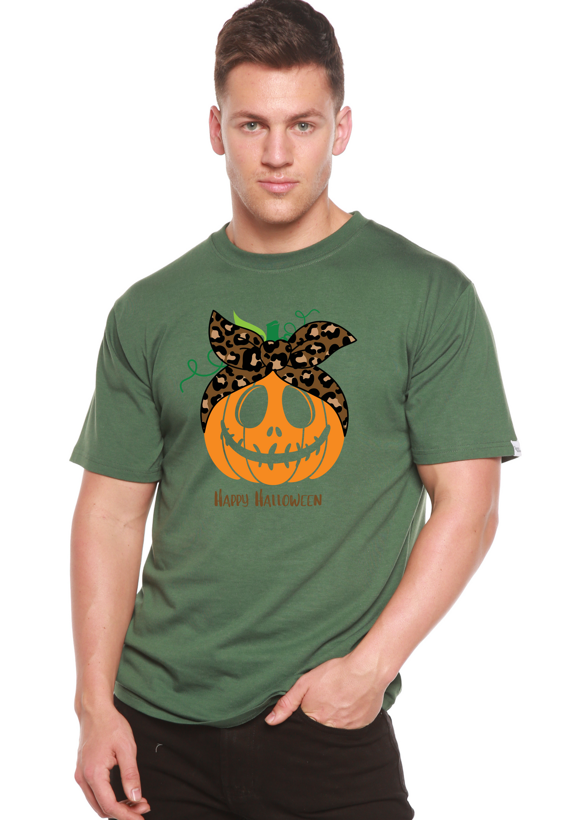 Happy Halloween men's graphic T-shirt by Spun Bamboo featuring a spooky Halloween design on short sleeve bamboo viscose and organic cotton fabric.