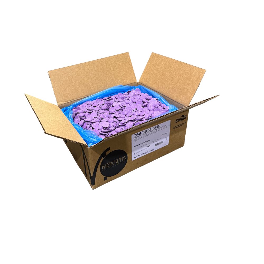 Purple vanilla-flavored candy coating and melting wafers by Candy In Bulk, in a bulk chocolate product bag.