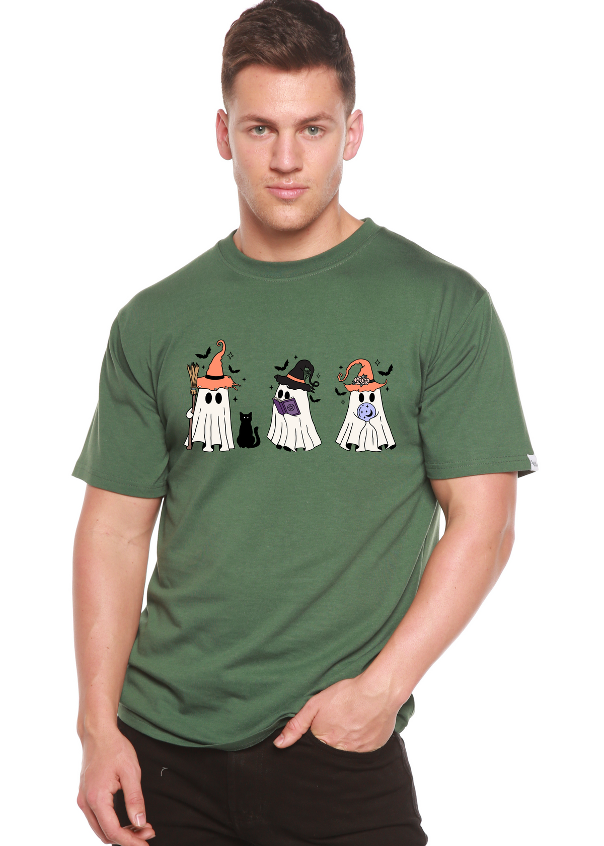 Spun Bamboo men's Halloween Boo graphic T-shirt in bamboo viscose and organic cotton, featuring a spooky Halloween design.