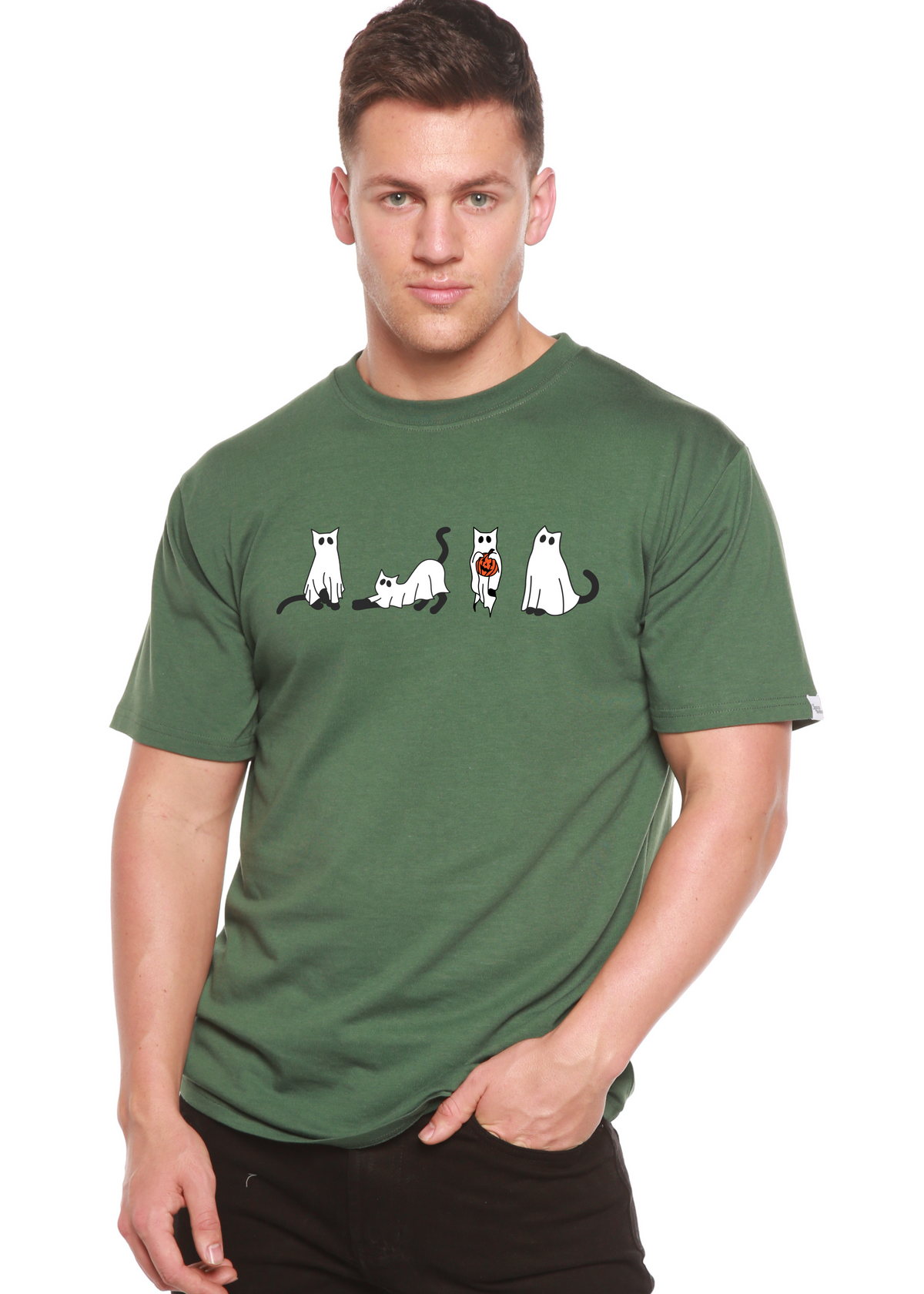 Men's Halloween Cats graphic T-shirt by Spun Bamboo, short sleeve shirt made of bamboo viscose and organic cotton, featuring cat print.