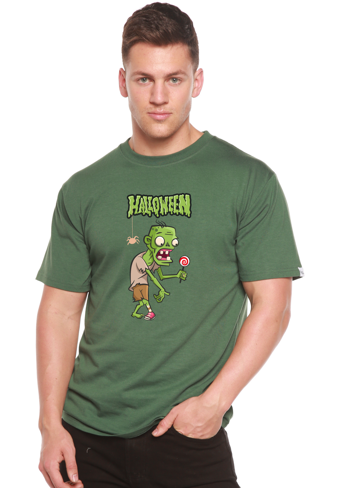 Men's Halloween green monster graphic T-shirt by Spun Bamboo, unisex short sleeve shirt made from bamboo viscose and organic cotton.