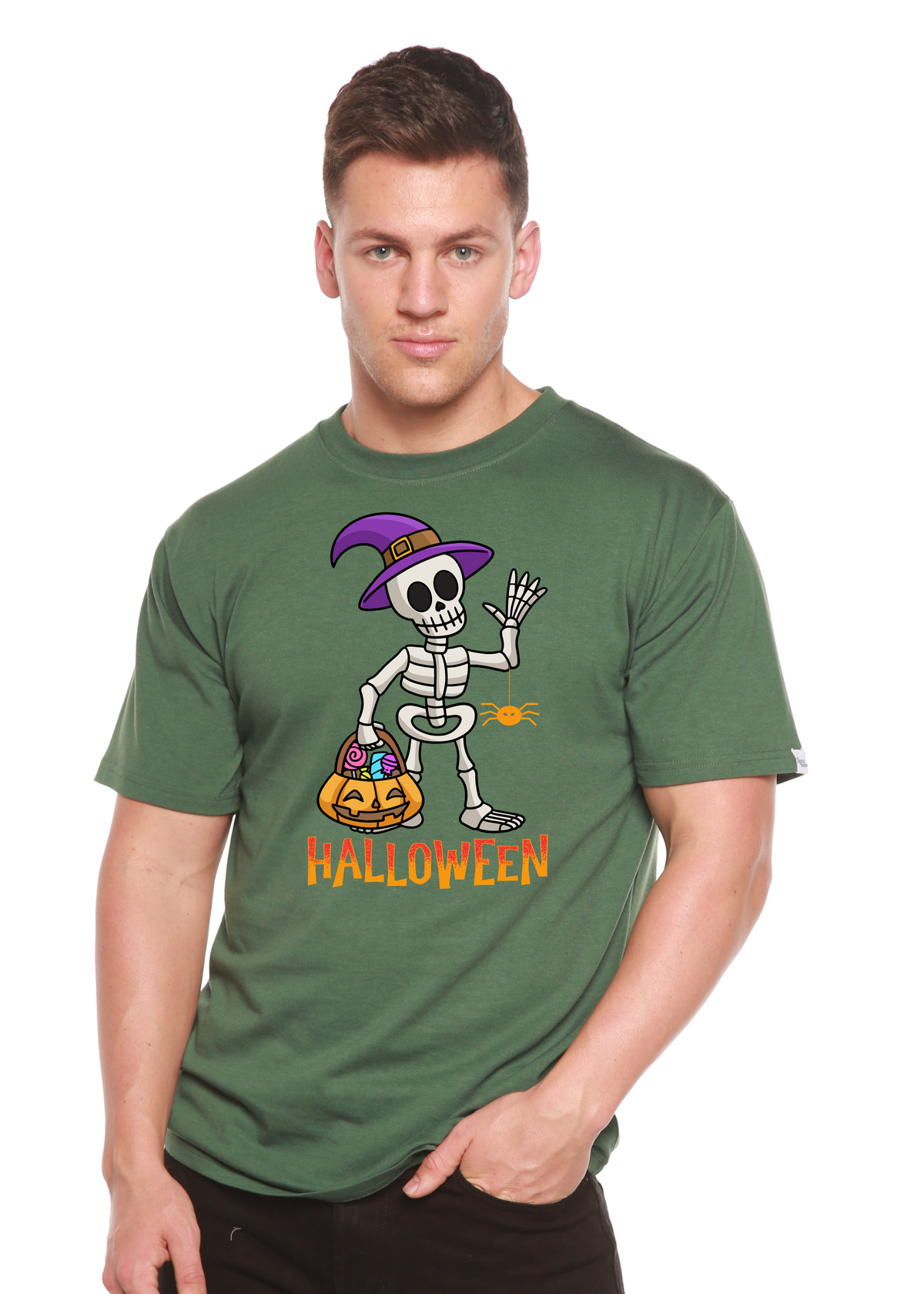 Unisex Happy Halloween T-shirt by Spun Bamboo featuring a festive graphic print on short sleeve bamboo viscose and organic cotton fabric