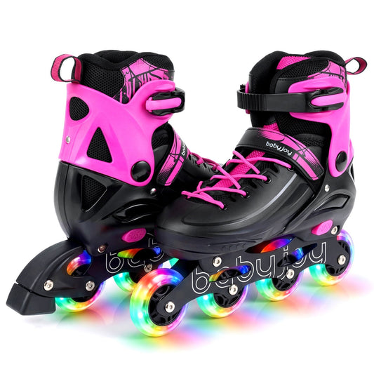Adjustable light-up kids inline skates in four sizes, designed for children ages 7 to 9, with colorful wheels and supportive design.