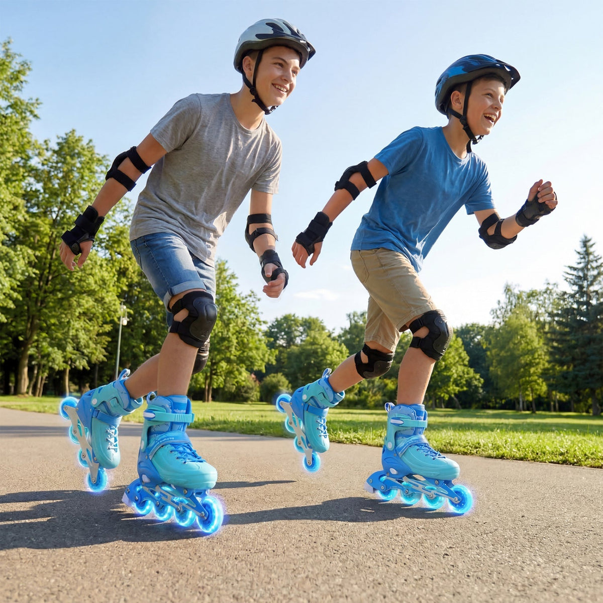 Adjustable light-up kids inline skates in four sizes, featuring colorful wheels and a secure strap for children ages 9 to 14.