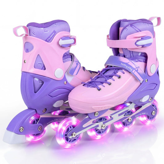 Adjustable light-up kids inline skates in four sizes, designed for children ages 9-14, with colorful wheels and secure straps.