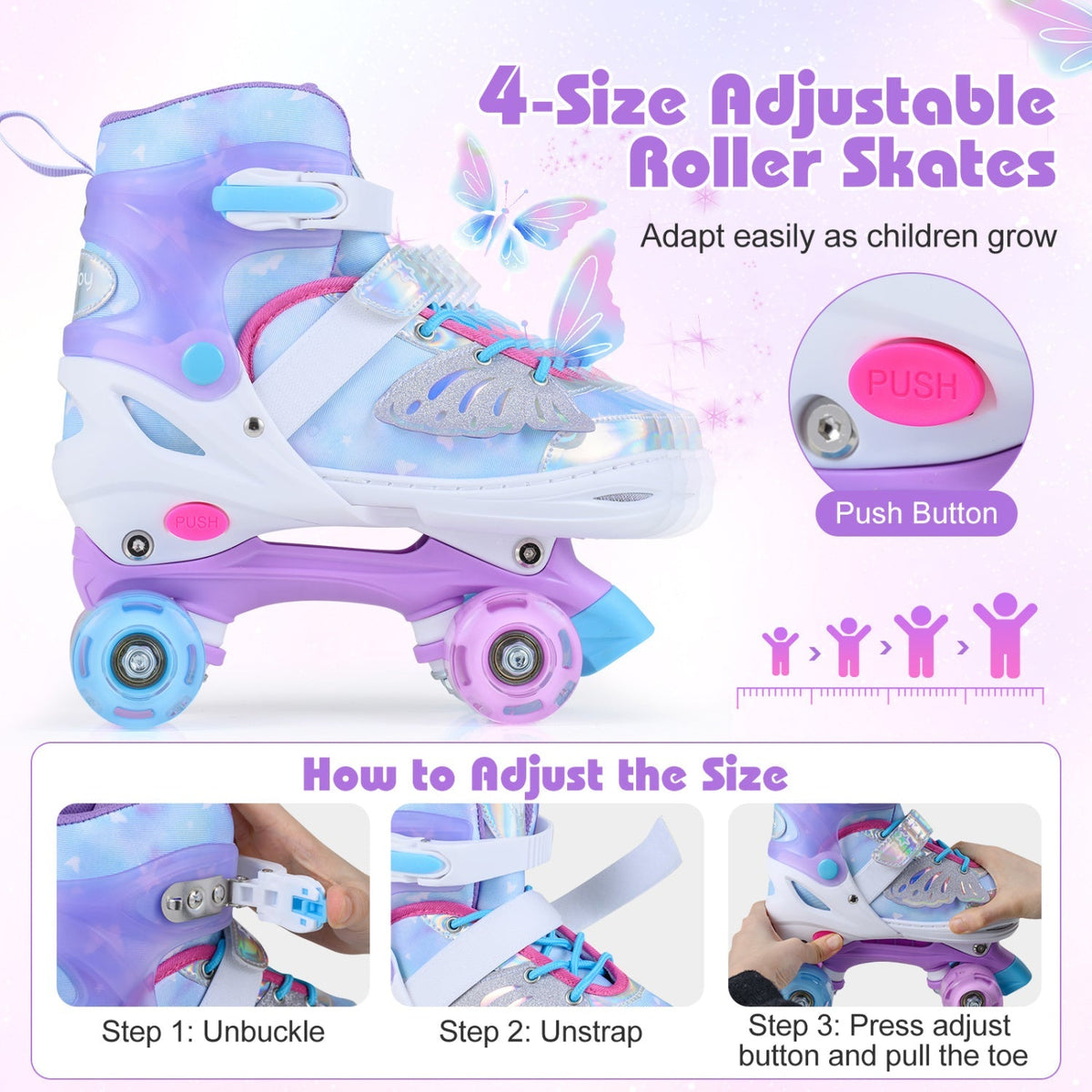 Adjustable kids roller skates in four sizes with light-up wheels, designed for toddlers ages 9-14 by GBruno Store.