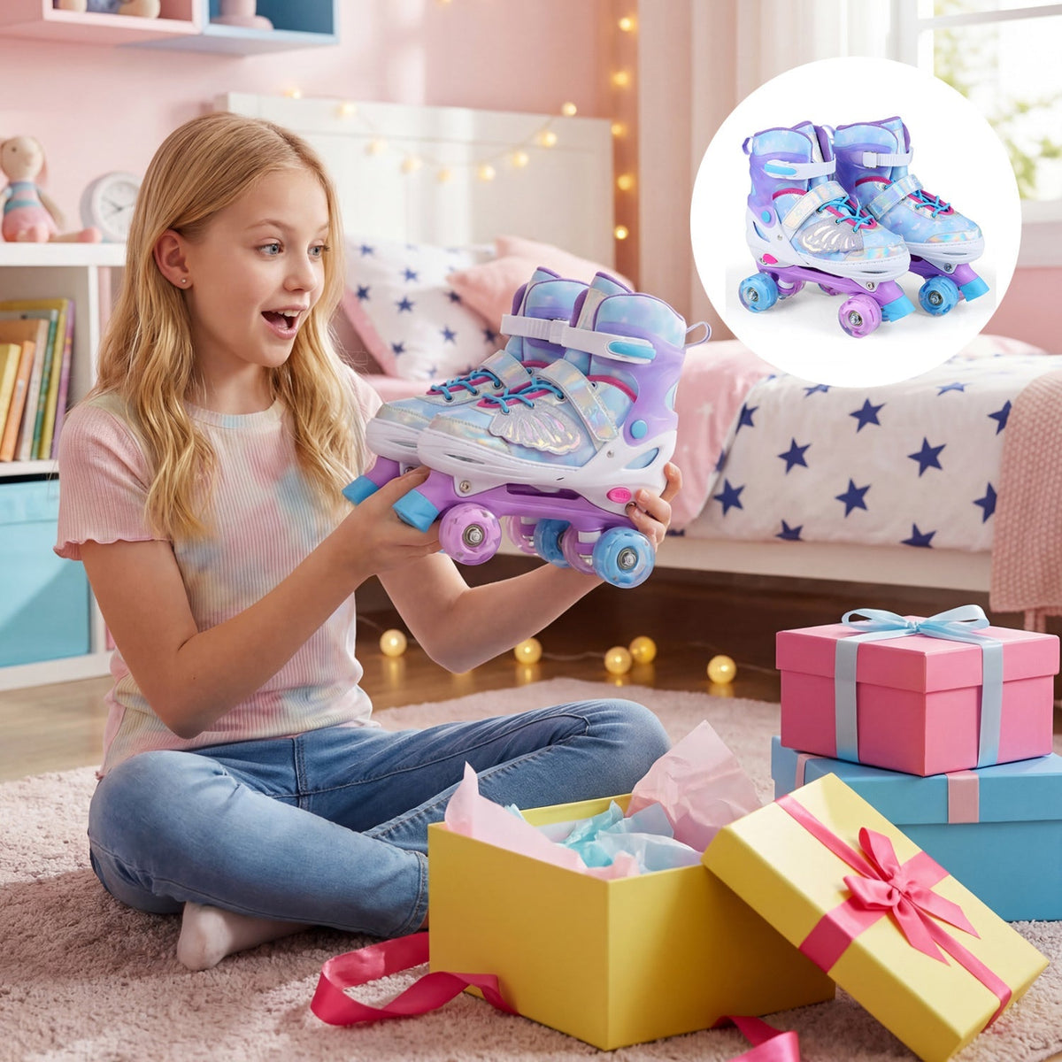 Adjustable kids roller skates for toddlers ages 9-14 with four light-up wheels and four sizes, featuring colorful design and padded ankle support.