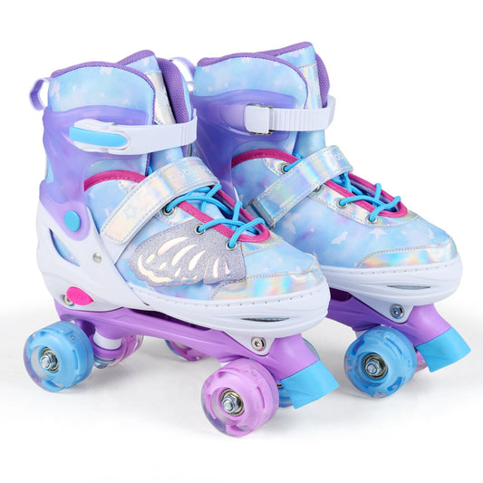 Adjustable kids roller skates for toddlers with light-up wheels, available in four sizes, featuring colorful design and secure straps.