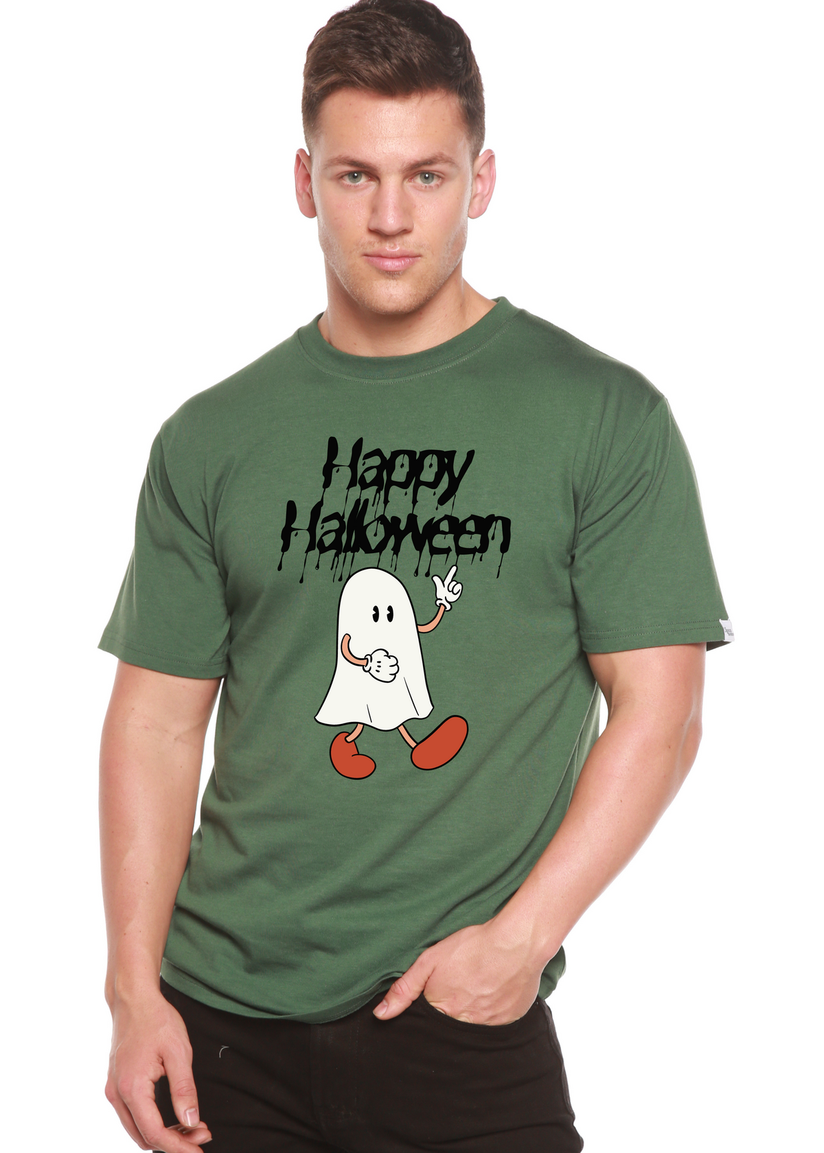 Happy Halloween men's bamboo viscose organic cotton short sleeve graphic T-shirt by Spun Bamboo, featuring Halloween-themed print.