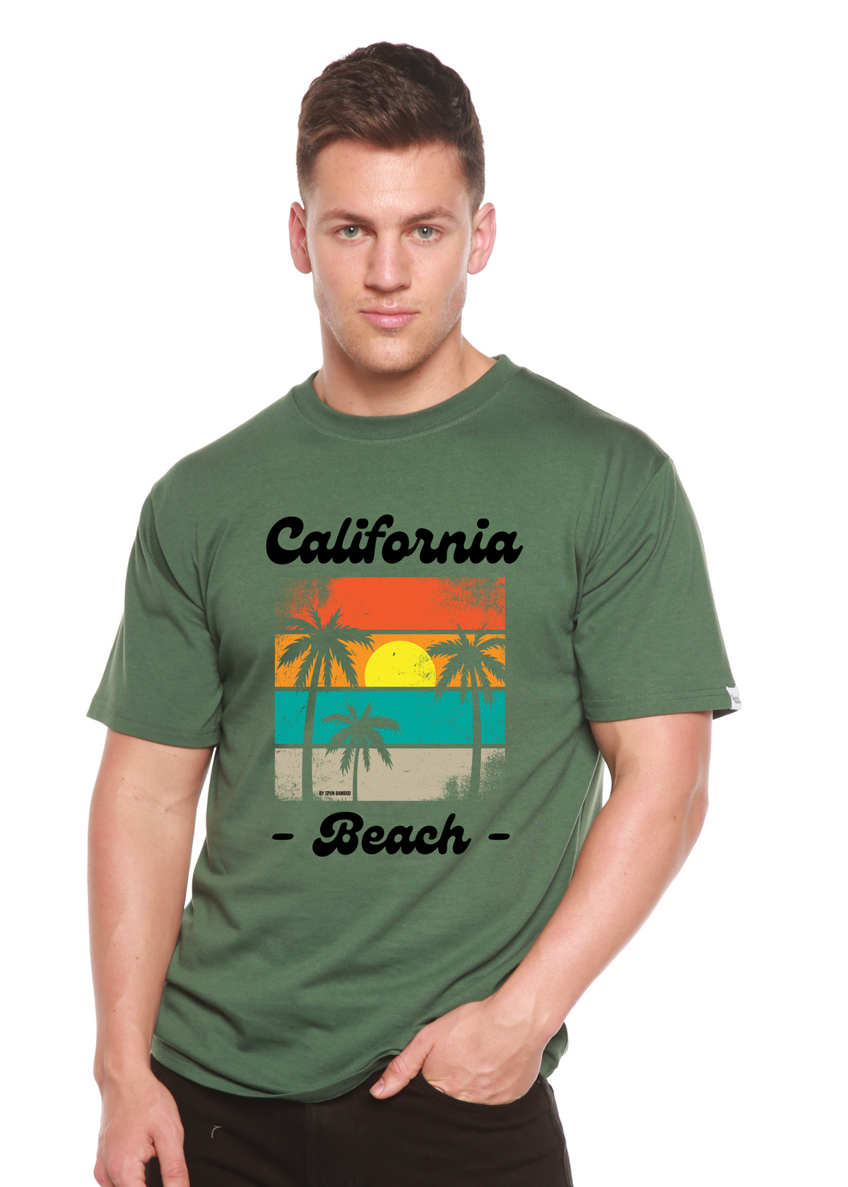 Men's printed graphic T-shirt by Spun Bamboo featuring California Beach scene in bamboo viscose and organic cotton fabric.
