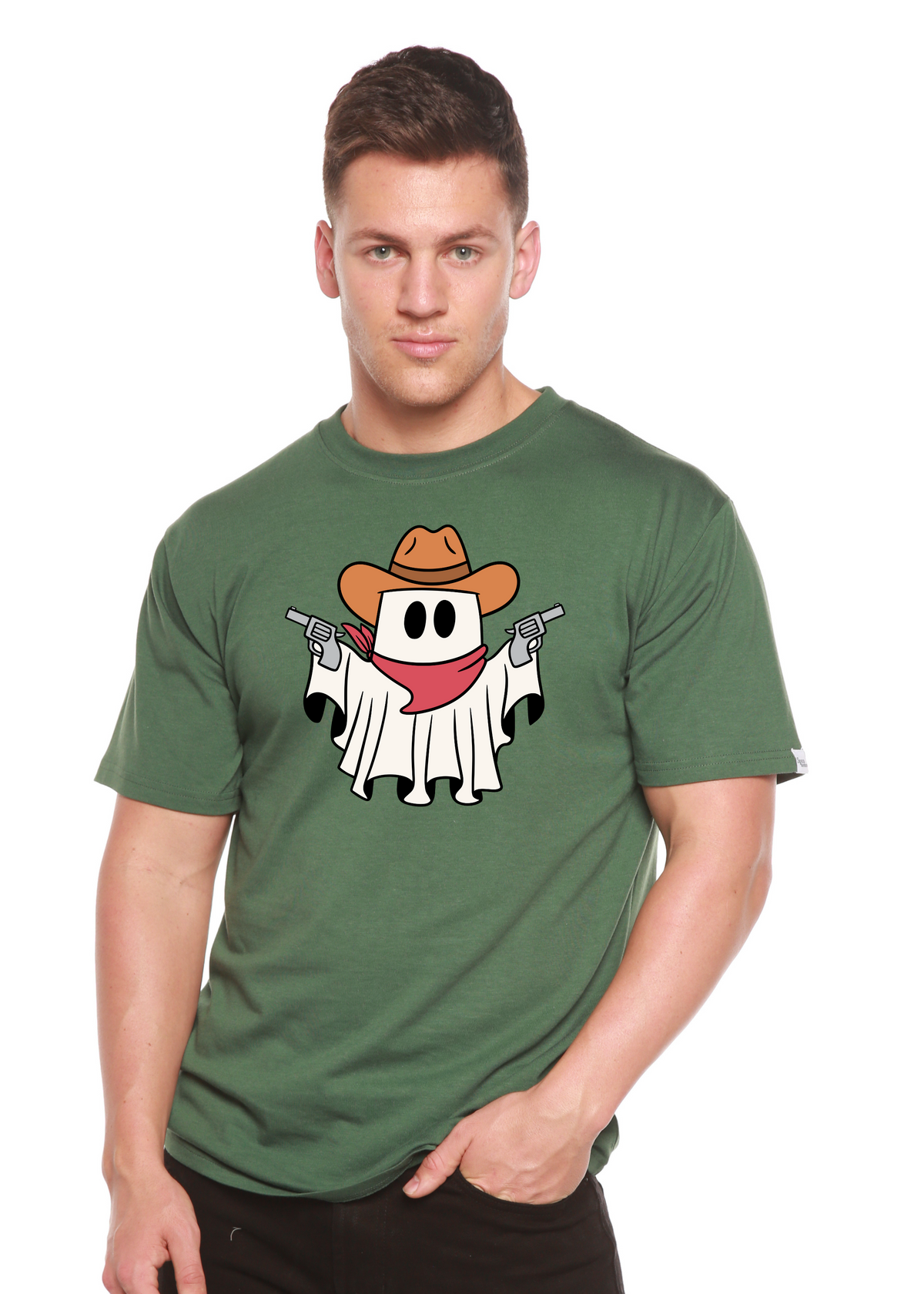 Spun Bamboo cowboy ghost unisex bamboo viscose organic cotton short sleeve graphic T-shirt with cowboy ghost design.