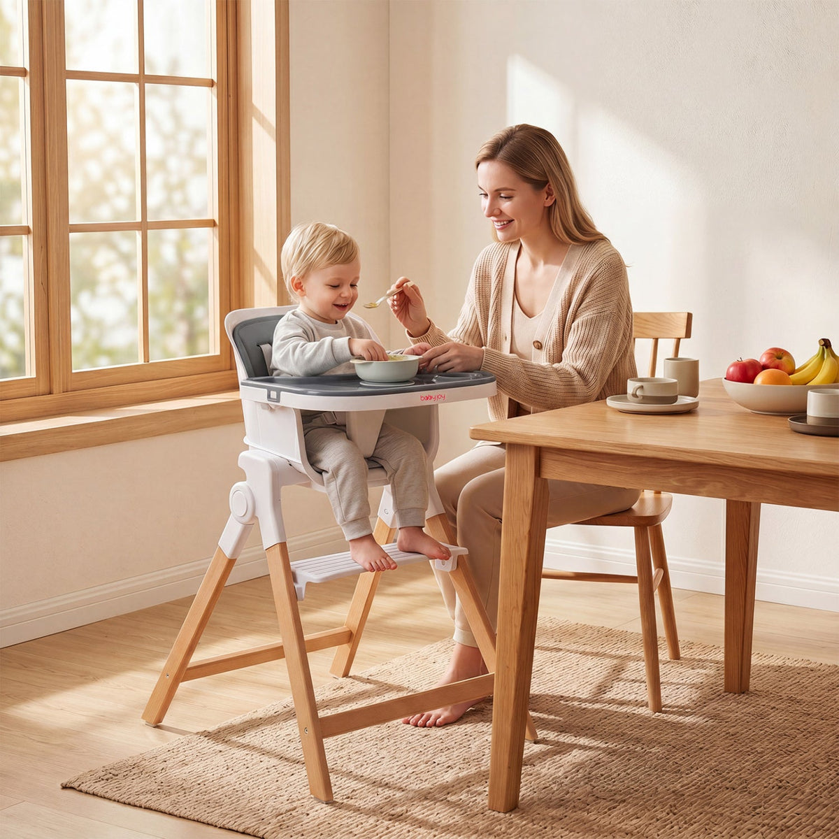 Convertible GBruno Store 4-in-1 baby high chair with adjustable tray, featuring a sleek design and multiple seating options for infants and toddlers.