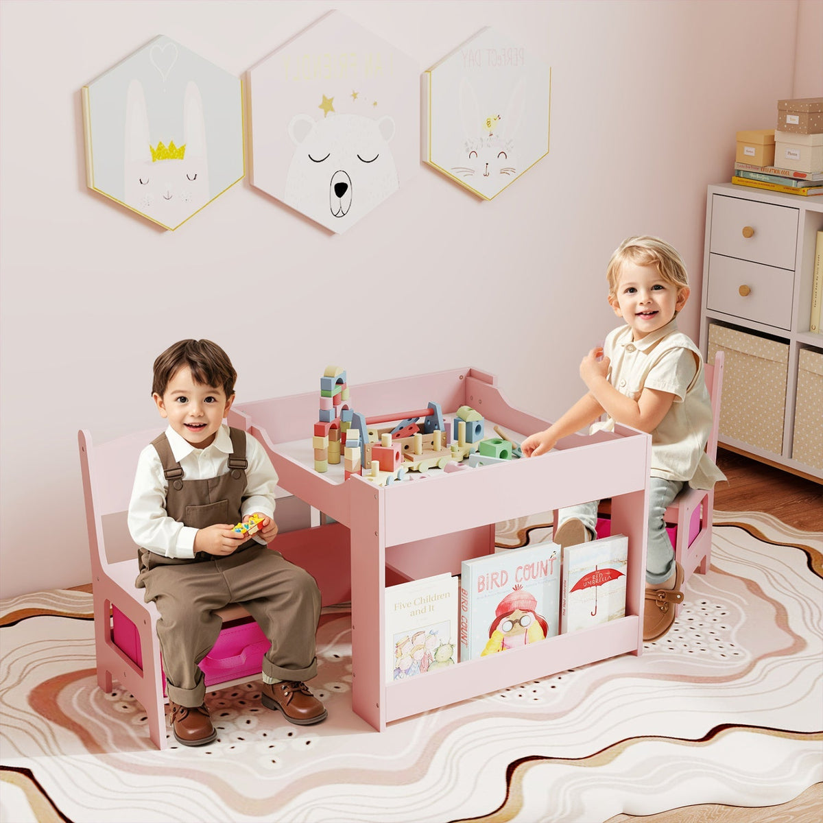 Kids activity table and 2 chairs set with reversible tabletop by GBruno Store, perfect for toddlers' play and learning.