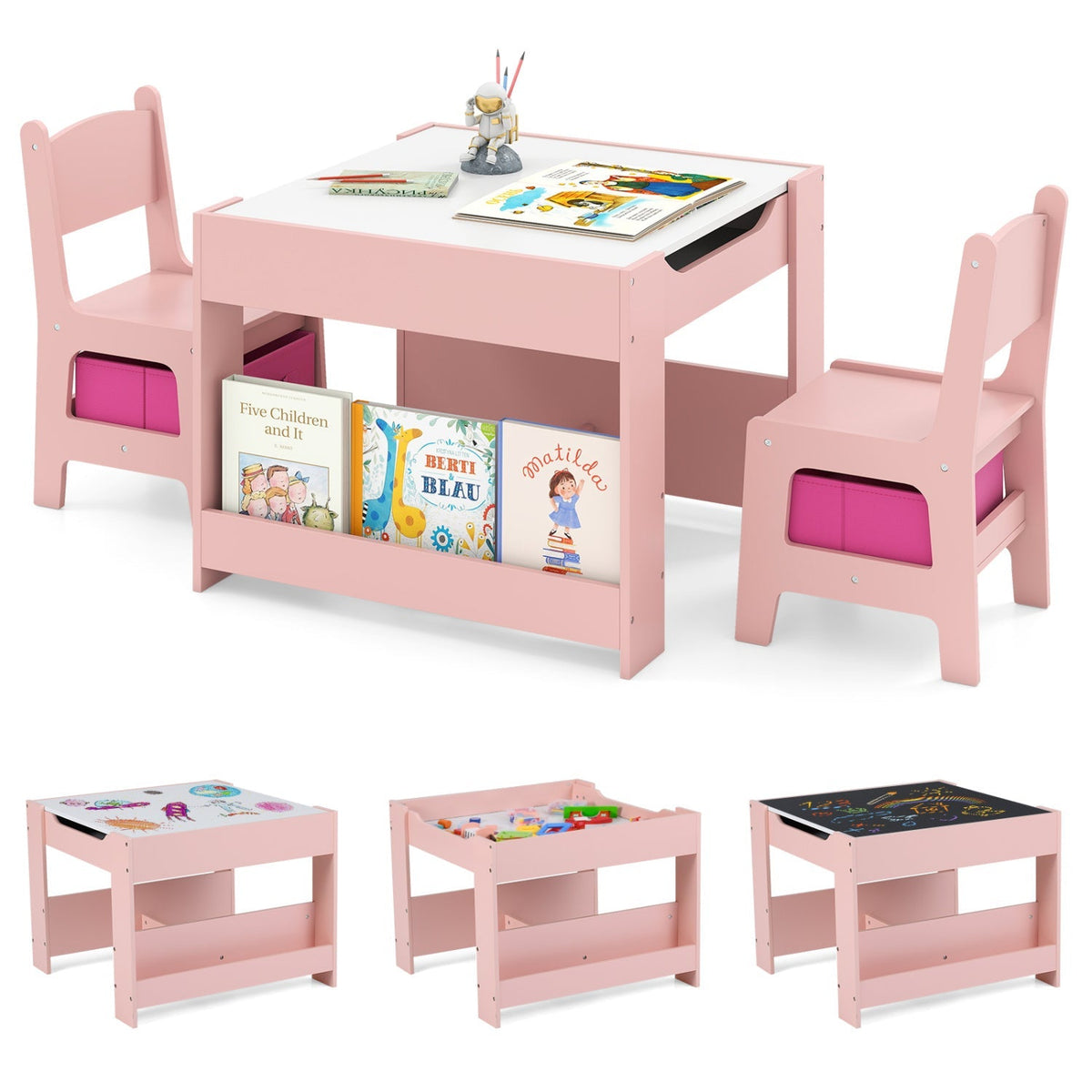 Kids activity table and two chairs set by GBruno Store with reversible tabletop, perfect for toddlers' play and learning.