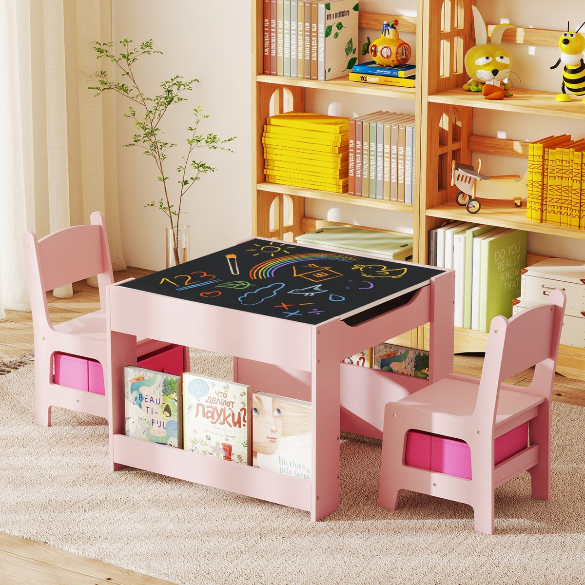 Kids activity table and 2 chairs set with reversible tabletop, toddler-friendly design, by GBruno Store.