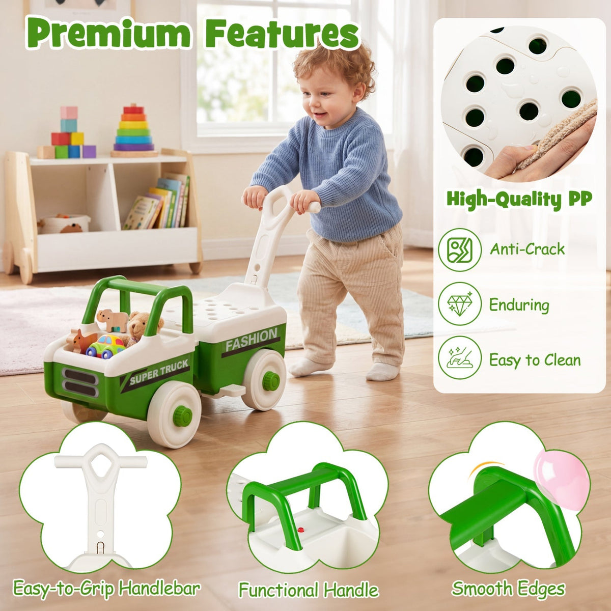 GBruno Store 4-in-1 ride-on push car with music, storage compartment, and adjustable features for children.