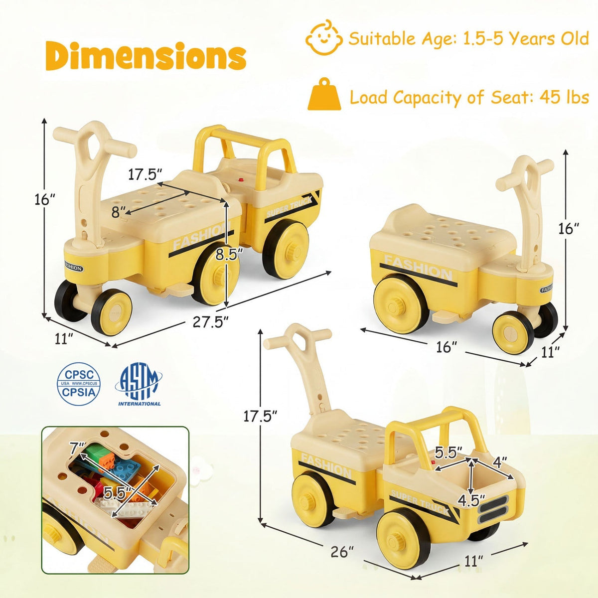 GBruno Store 4-in-1 ride on push toy with music, storage, and adjustable seat for kids' outdoor play and learning.