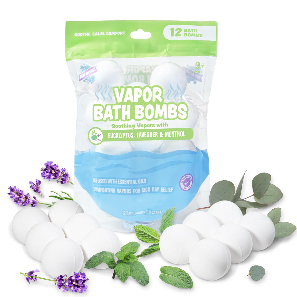 Kids' Soothe & Play Vapor Bath Bombs 12-pack from BACKUPMYFILESNOW® with natural eucalyptus and lavender scents, colorful bath bombs.